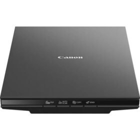 Canon scanner closed, viewed from above, with front control panel showing PDF, Auto Scan, Copy, and Send icons on the buttons.