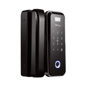 Black electronic door lock with numeric keypad and an illuminated circular unlock indicator on a glossy black panel.