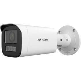 White Hikvision bullet-style security camera mounted on a round wall bracket, angled as if monitoring a space outside the building.